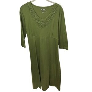 Blair Green Dress, Knit, Casual, Rosette Neckline, Tie Back, L Petite